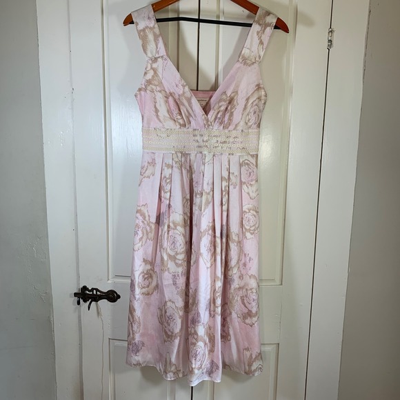 Sundance Dresses & Skirts - Sundance‎ Pink Silk Floral Midi Dress Size 6 Lace Empire Waist Romantic Party